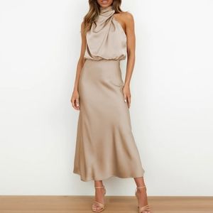 NEW Chic Draped Wrap Halter Neck Satin Midi Dress Beige Cream Tan